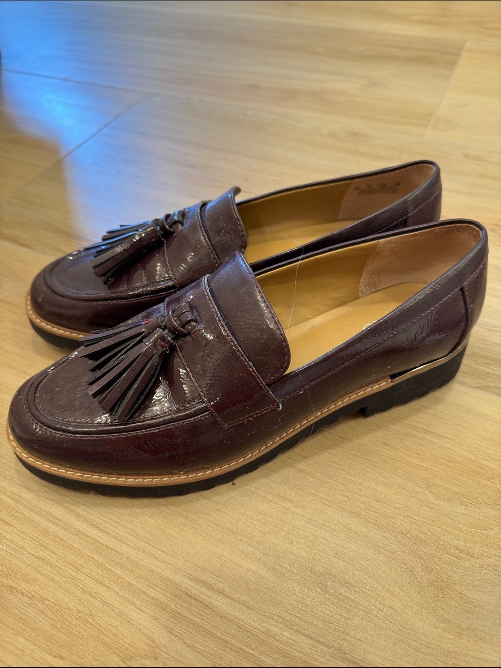 Franco Sarto Womens Patent Tassel chunky heel Loafers in Burgundy - Picture 5 of 7
